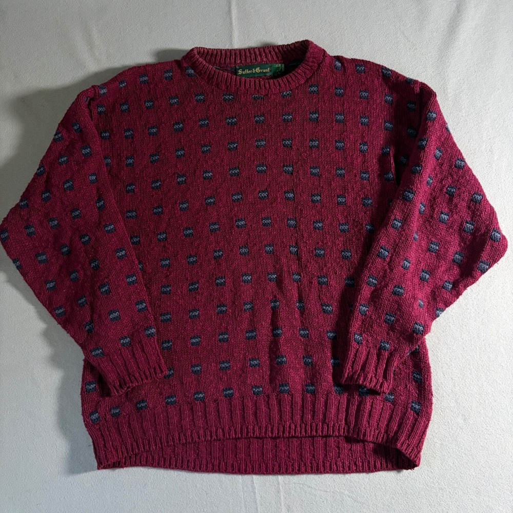 Sutter & Grant Mens Large Burgundy Geometric Cotton‎ Knit Crewneck Sweater VTG